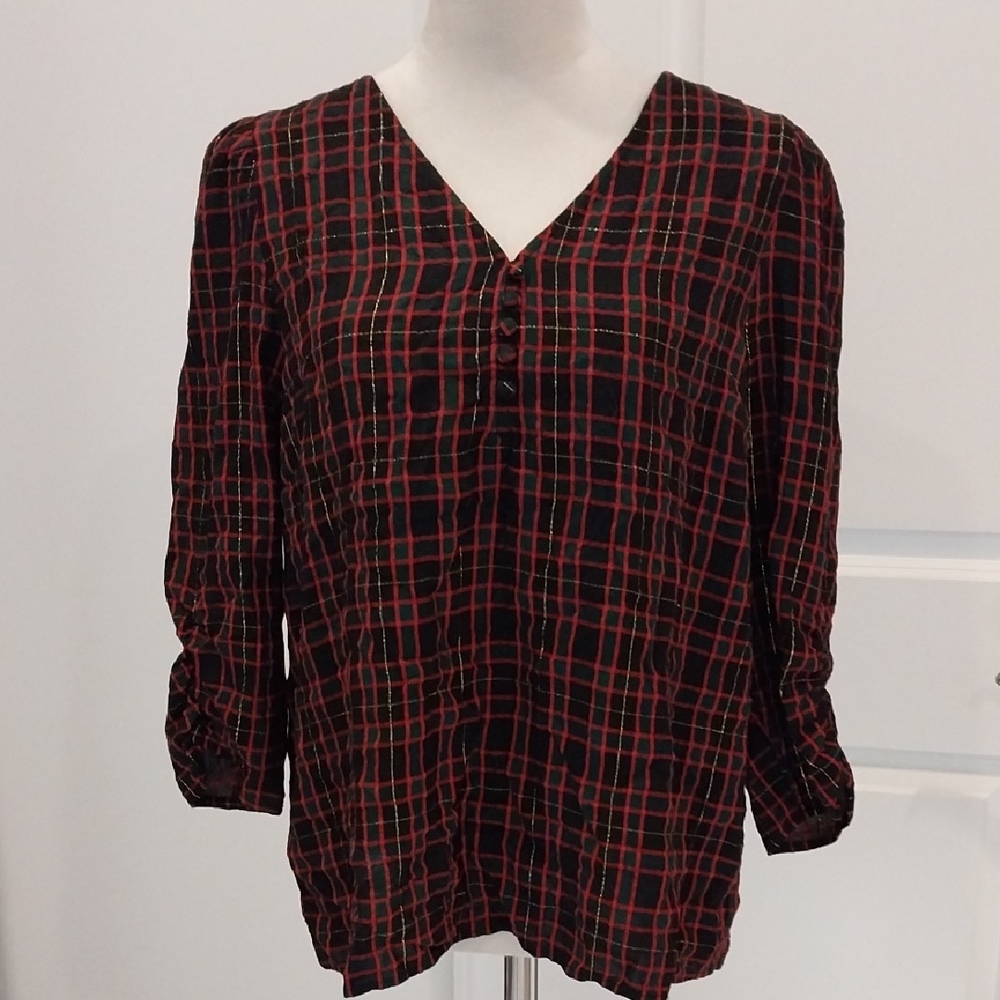 Ann Taylor Black and Red Plaid V-Neck Blouse